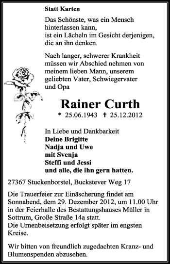 Traueranzeige von Rainer Curth von KRZ