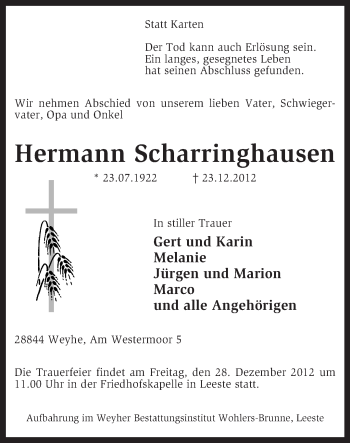 Traueranzeige von Hermann Scharringhausen von KRZ