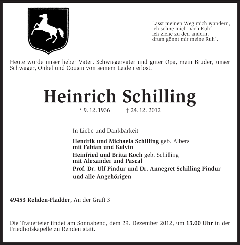  Traueranzeige für Heinrich Schilling vom 27.12.2012 aus KRZ