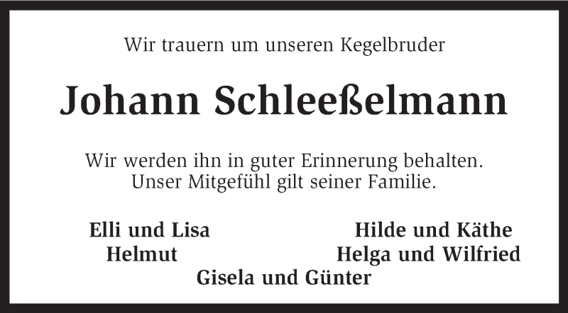  Traueranzeige für Johann Schleeßelmann vom 28.12.2012 aus KRZ