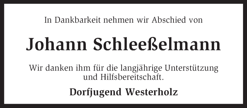  Traueranzeige für Johann Schleeßelmann vom 28.12.2012 aus KRZ