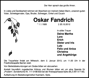 Traueranzeige von Oskar Fandrich von KRZ