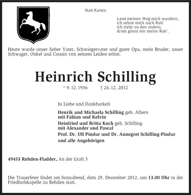  Traueranzeige für Heinrich Schilling vom 28.12.2012 aus KRZ