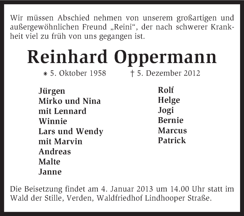  Traueranzeige für Reinhard Oppermann vom 28.12.2012 aus KRZ