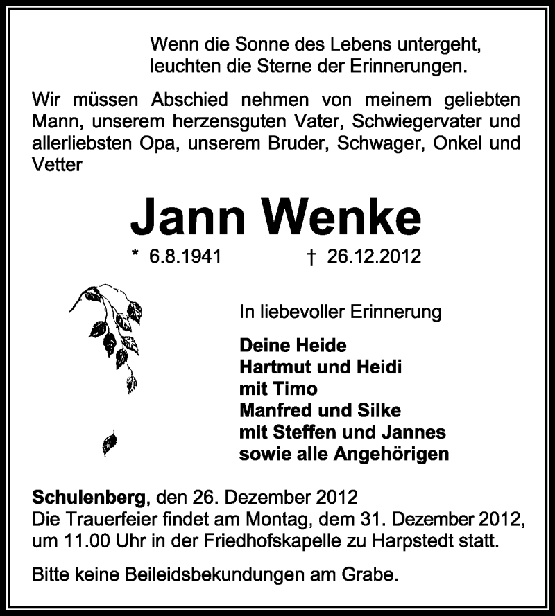  Traueranzeige für Jann Wenke vom 28.12.2012 aus KRZ