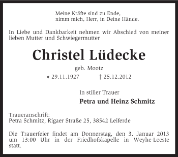 Traueranzeige von Christel Lüdecke von KRZ