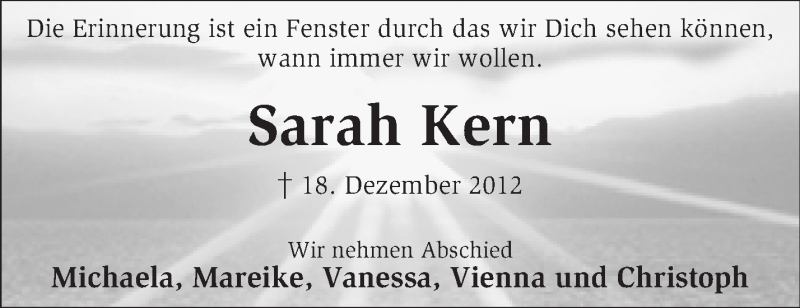  Traueranzeige für Sarah Kern vom 29.12.2012 aus KRZ