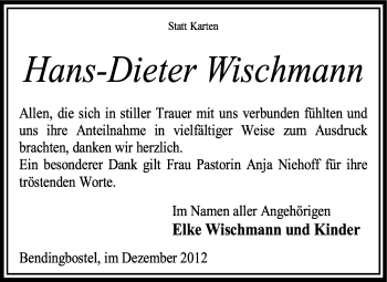 Traueranzeige von Hans-Dieter Wischmann von KRZ