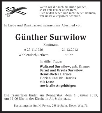 Traueranzeige von Günther Surwilow von KRZ