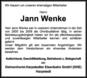 Traueranzeige von Jann Wenke von KRZ