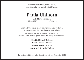 Traueranzeige von Paula Uhlhorn von KRZ