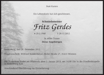 Traueranzeige von Fritz Gerdes von KRZ