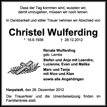 Traueranzeige von Christel Wulferding von KRZ