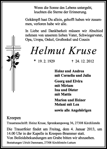 Traueranzeige von Helmut Kruse von KRZ