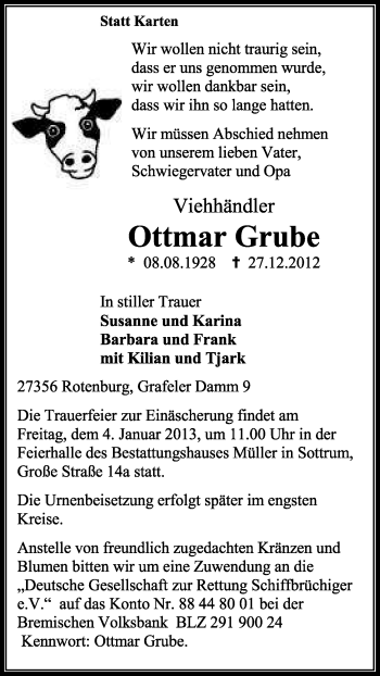 Traueranzeige von Ottmar Grube von KRZ