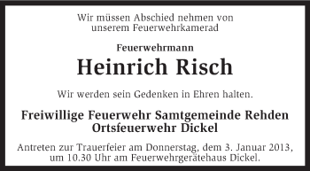 Traueranzeige von Heinrich Risch von KRZ