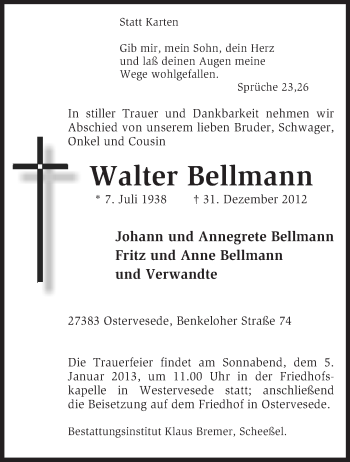 Traueranzeige von Walter Bellmann von KRZ