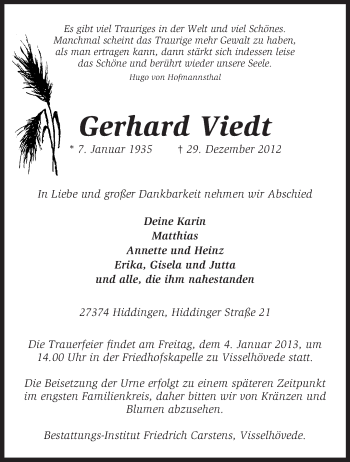 Traueranzeige von Gerhard Viedt von KRZ