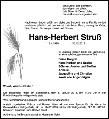 Traueranzeige von Hans-Herbert Struß von KRZ