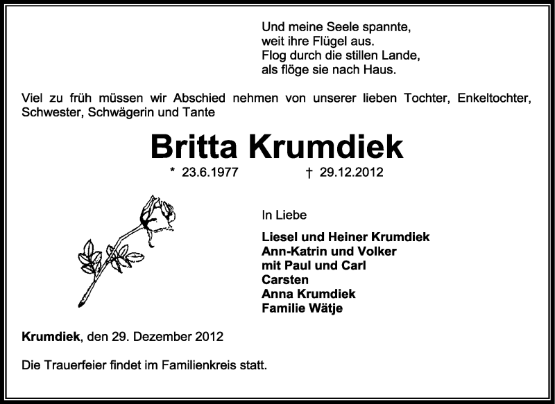  Traueranzeige für Britta Krumdiek vom 02.01.2013 aus KRZ