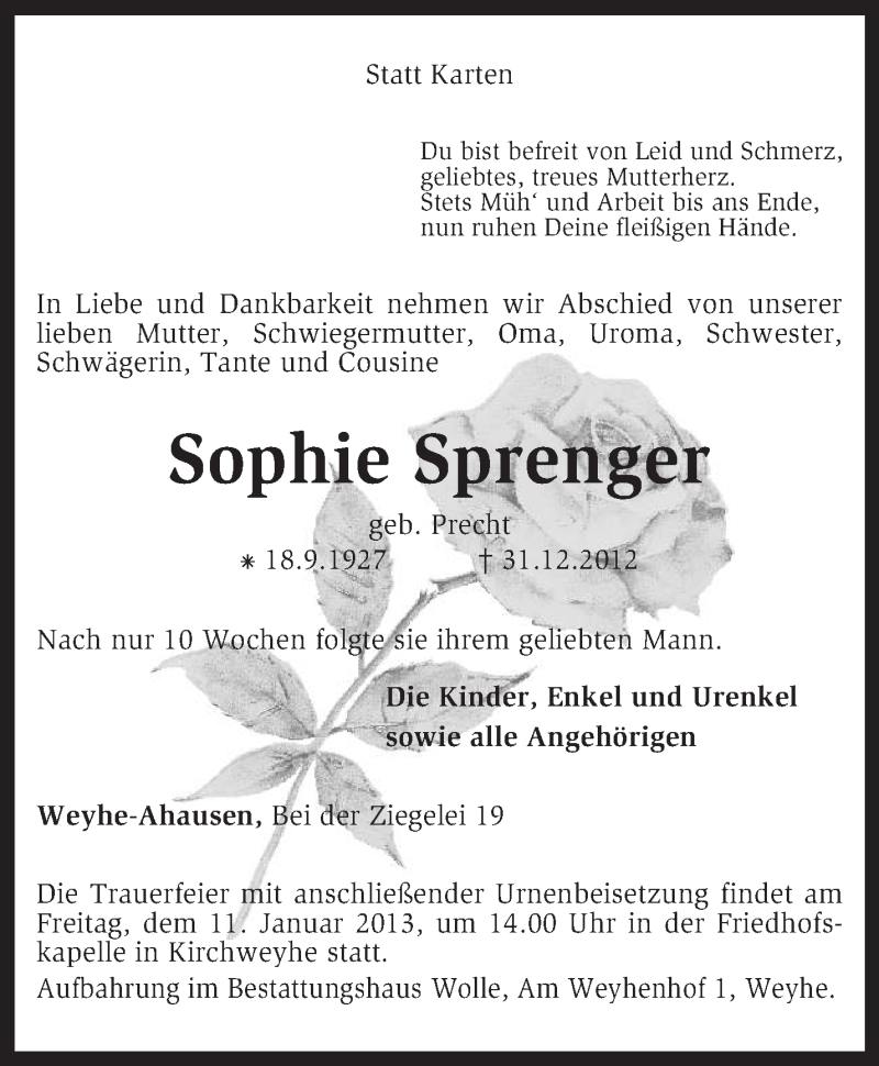  Traueranzeige für Sophie Sprenger vom 03.01.2013 aus KRZ