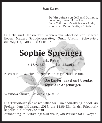 Traueranzeige von Sophie Sprenger von KRZ