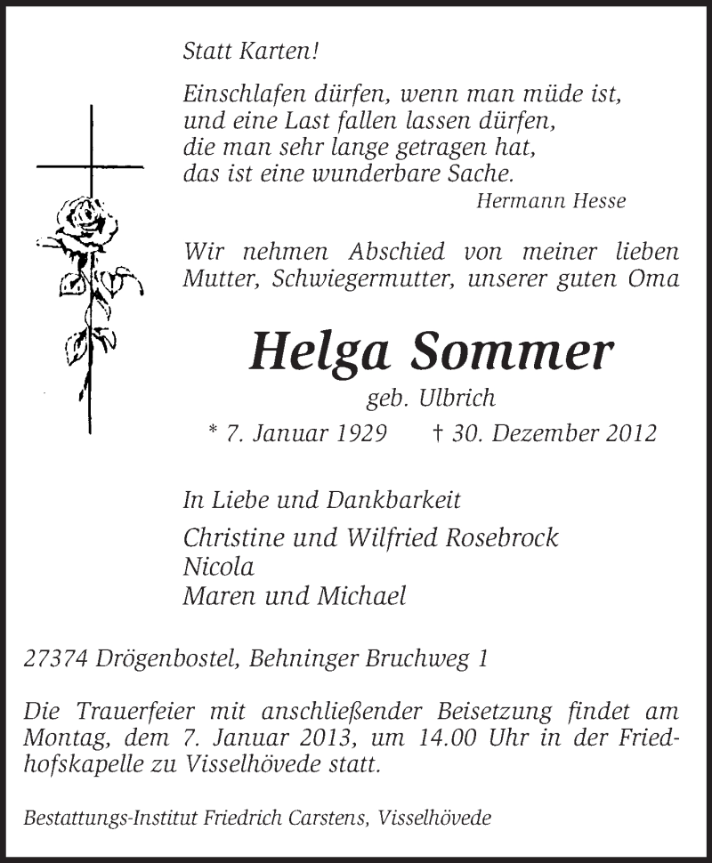 Traueranzeigen Von Helga Sommer Trauer Kreiszeitung De