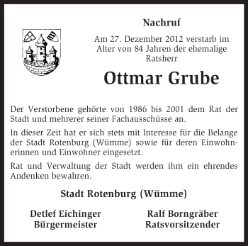 Traueranzeige von Ottmar Grube von KRZ