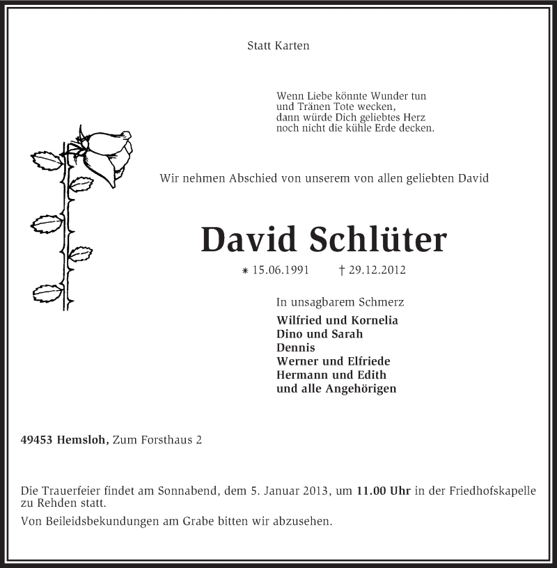  Traueranzeige für David Schlüter vom 03.01.2013 aus KRZ