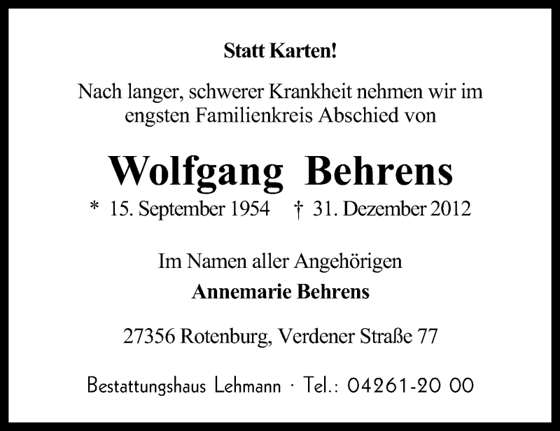  Traueranzeige für Wolfgang Behrens vom 04.01.2013 aus KRZ