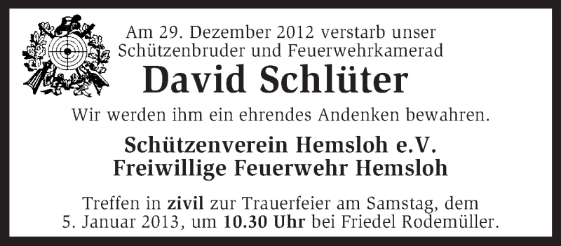  Traueranzeige für David Schlüter vom 04.01.2013 aus KRZ