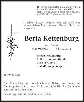 Traueranzeige von Berta Kettenburg von KRZ