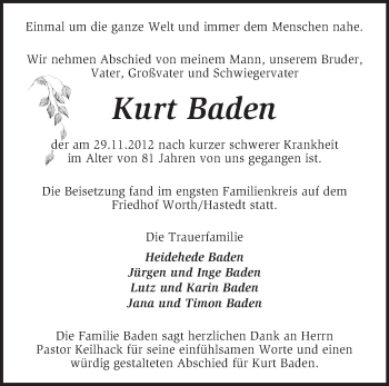 Traueranzeige von Kurt Baden von KRZ