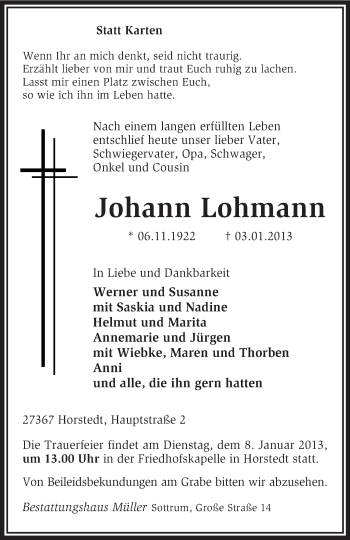 Traueranzeige von Johann Lohmann von KRZ