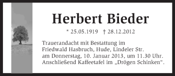 Traueranzeige von Herbert Bieder von KRZ