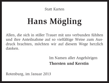 Traueranzeige von Hans Mögling von KRZ