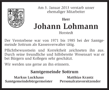 Traueranzeige von Johann Lohmann von KRZ