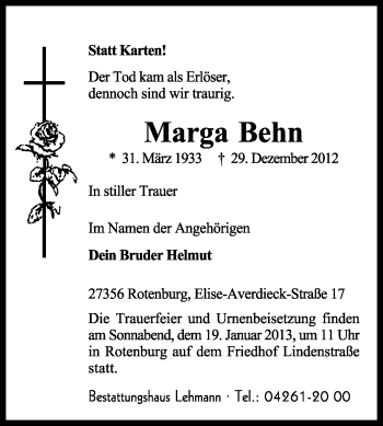 Traueranzeige von Marga Behn von KRZ