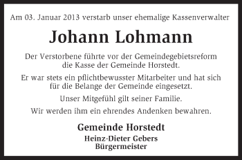 Traueranzeige von Johann Lohmann von KRZ