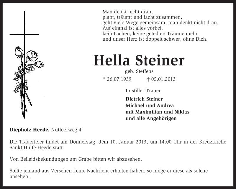  Traueranzeige für Hella Steiner vom 07.01.2013 aus KRZ