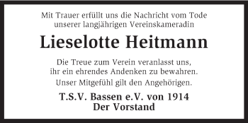 Traueranzeige von Lieselotte Heitmann von KRZ