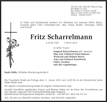 Traueranzeige von Fritz Scharrelmann von KRZ