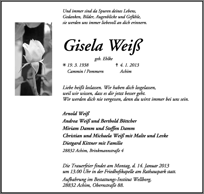  Traueranzeige für Gisela Weiß vom 09.01.2013 aus KRZ