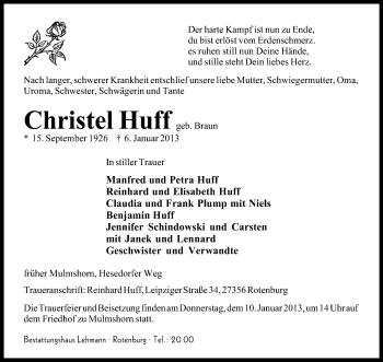 Traueranzeige von Christel Huff von KRZ