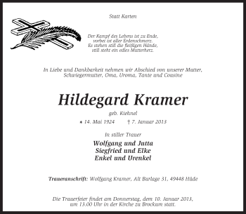 Traueranzeige von Hildegard Kramer von KRZ