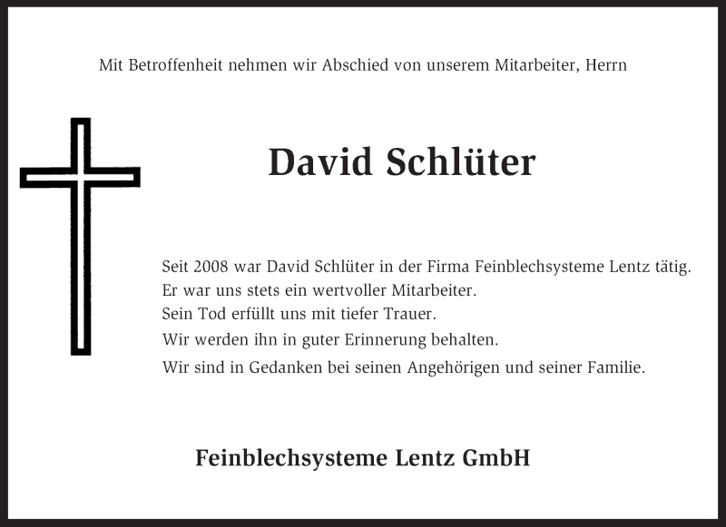  Traueranzeige für David Schlüter vom 08.01.2013 aus KRZ