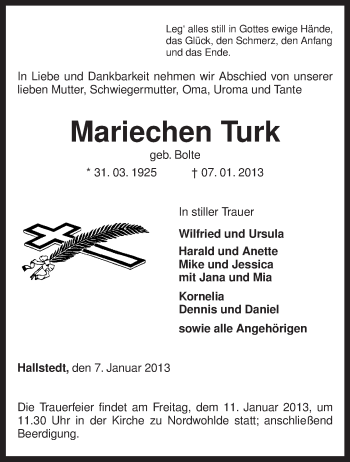 Traueranzeige von Mariechen Turk von KRZ