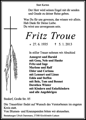 Traueranzeige von Fritz Troue von KRZ