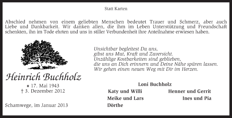  Traueranzeige für Heinrich Buchholz vom 12.01.2013 aus KRZ