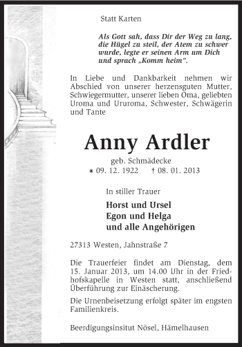 Traueranzeige von Anny Ardler von KRZ